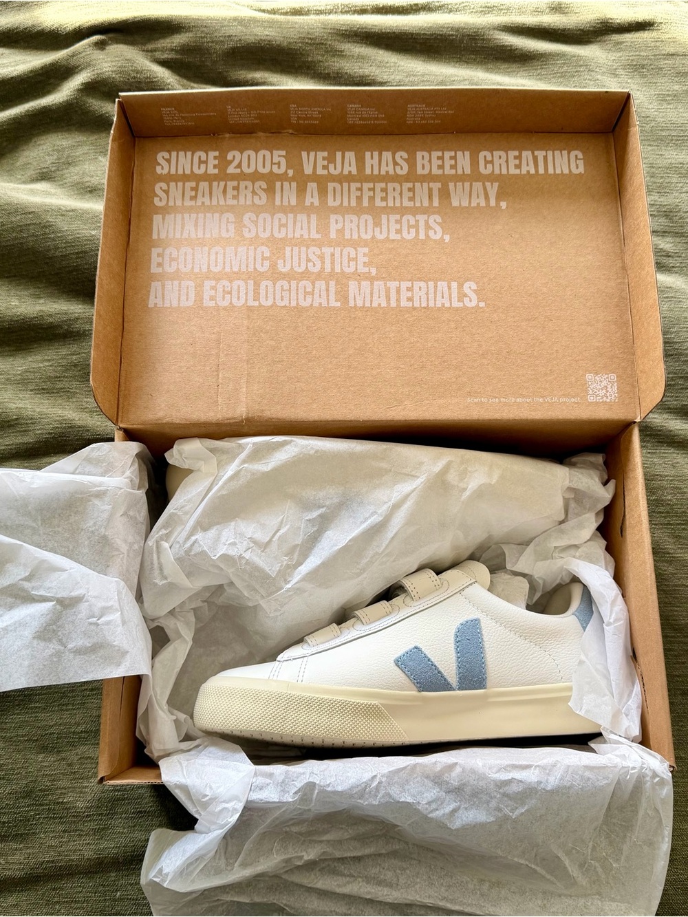 Veja White Low-Top Sneakers with Light Blue V Detail